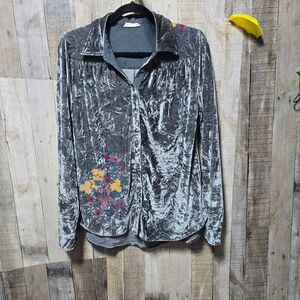 Hummingbird Grey Velour Floral Embroidered Button Down Shirt